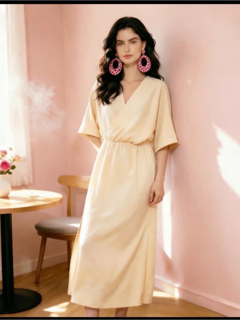 Light Beige V-Neck Midi Dress
